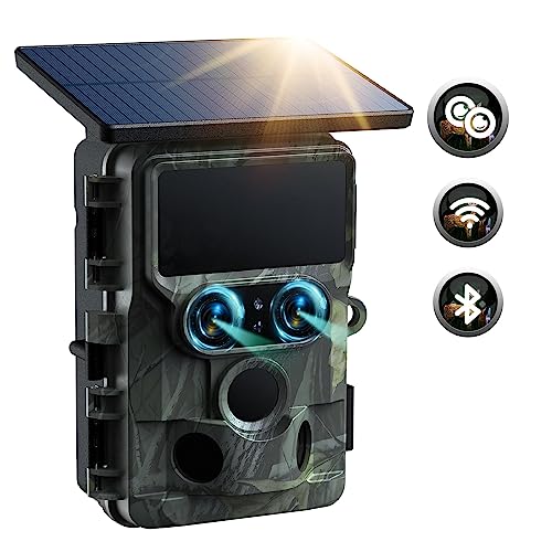 4K 30FPS WiFi Trail Camera Integrated Solar Powered, Starlight Night Vision Dual Lens 60MP Bluetooth Game Camera with 0.1S Trigger IMX458 Sensors Hunting Cam with 120° Wide-Angle IP66 Waterproof