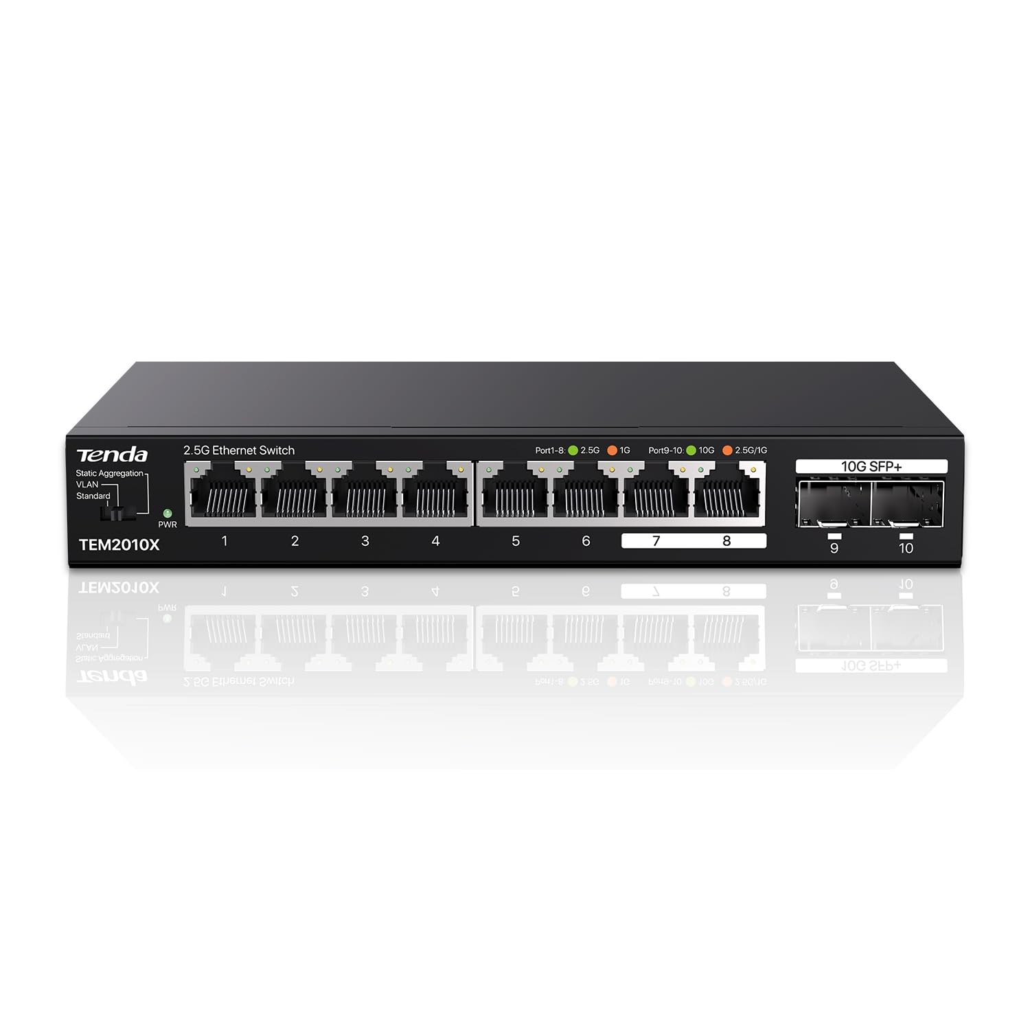 Tenda Switch 2.5 Gigabit, Switch Ethernet 2.5Gbps, 8 Ports RJ45 2.5G, 2 Ports SFP+ 10G (VLAN, Agrégation Statique, Non Manageable, Plug and Play, Montage sur Bureau ou Mural, Métal) (TEM2010X)