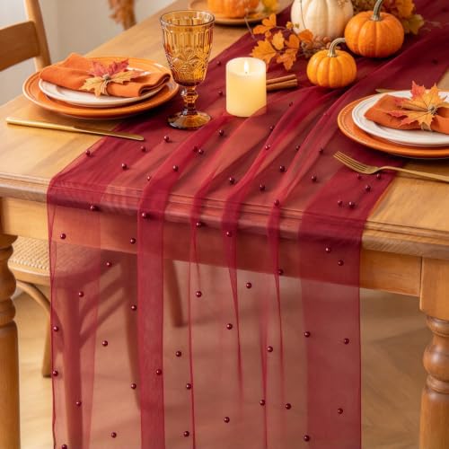 Red Fall Table Runner Pearl Cheesecloth Table Runner Halloween, 3 Pack