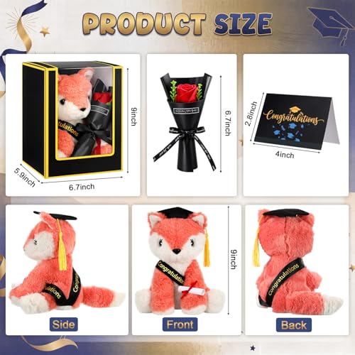 Hungdao Graduation Fox Plush Toy Gifts Set 8.6" Fox Stuffed Animal with Black Cap, Sash, Greeting Card and Artificial Rose for 2026 High School College Kindergarten Graduation Party Gifts by Hungdao - Used condition - Image 2