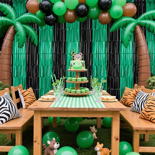 Image of TONIFUL Black and Green Fringe Backdrop Curtain 2026 Graduation Parties 2Pcs 3.3x6.6 ft Metallic Tinsel Foil Fringe Photo Booth Backdrop Door Streamers for Birthday Soccer Themed Party Decorations