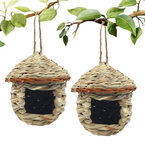 Gute Hummingbird House Grass Hand Woven Birdhouses for Outdoors Hanging Natural Bird Hut for Outside Bird Houses for Audubon Finch Canary Chickadee - Set of 2
