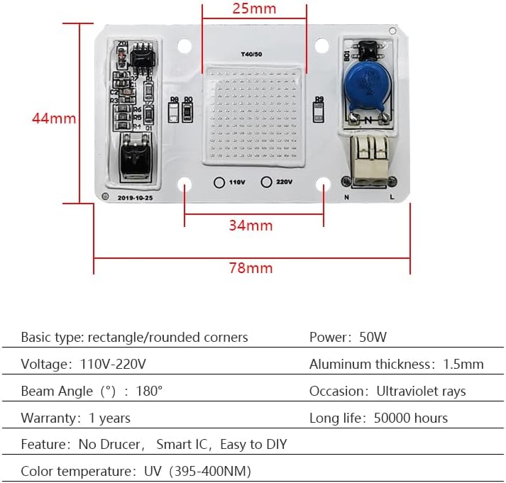 Miniatura 2 de Conductor AC de alta potencia 50 W UV LED 395-400 nm 110 V220 V controlador libre AC integrado de alta potencia COB LED diodo (220V)