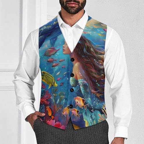 Lady Mermaid Dolphin Whale Ocean Men's Suit Vest Waistcoat Vests Formal Dress with 2 Pockets for Business Casual Tuxedo2