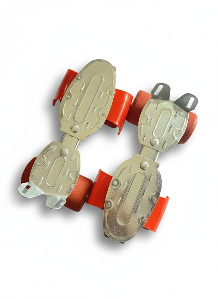 Adjustable Roller Skates, Metal Plates with Orange Wheels, 4-Wheel Design, Includes Laces and Tools (red)
