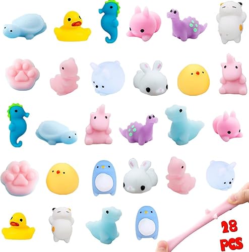 Mochi - Juego de recuerdos de fiesta, 28 piezas de juguetes esponjosos Mochi para regalo de intercambio de niños, juguetes para aliviar el estrés,