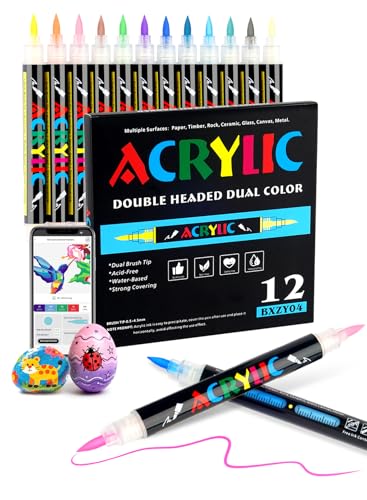 AEDAGA 12 Acrylstifte mit App, 24 Farben Acrylic Marker Set mit Automatische Tintensteuerung für Erwachsene, Doppelspitze Pinselspitze Acrylmarker für Glas, Holz, Eier, Kunststoff