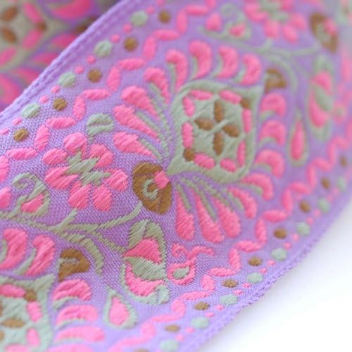 Neotrims Mogul Indian Embroidery Ribbon Pattern, Intricate Brocade peacock Feather Design; Beautiful Jacquard trimming with Baroque Style Floral Design, 2 & 8 meters pack or 16 meters Sari Length. In Colours Brown/Ochre, Cerise/Turquoise & Lilac/Pink - Purple Lilac - 2 Meters