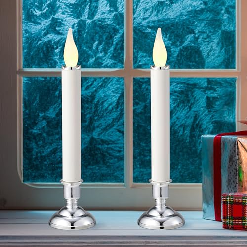 Image of Battery Operated LED Window Candles 9.7 Inch Tall with Automatically Timer 8 Hours On /16 Hours Off - Set of 6 Noble Flickering Flameless Candles and Window Candle in Silver Shine