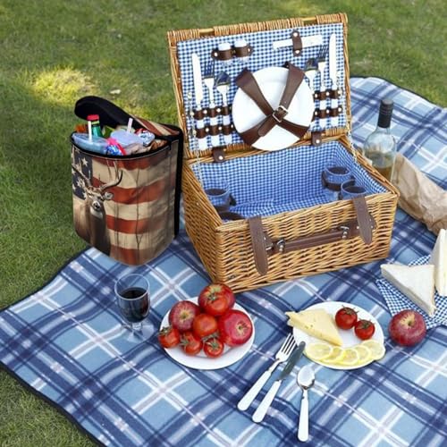Image of Talayituse American Flag Deer Print Car Trash Can with Adjustable Straps, Foldable Car Trash Bag Bin Car Garbage Bag Multipurpose Storage Box for Vehicle Travel Camping Picnicing