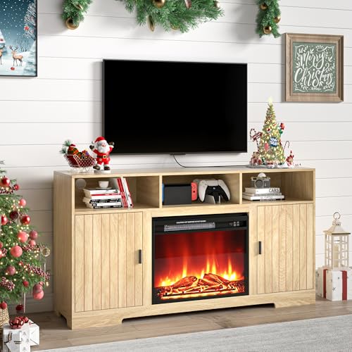 Jluomei Farmhouse TV Stand with Fireplace, Entertainment Center with...