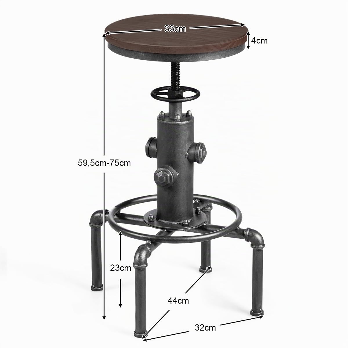 COSTWAY Taburete de Bar, Altura Ajustable 59,5-75cm, Silla Industrial Giratorio 360°de Asiento de Madera y Patas de Metal, Taburete Alto para Comedor Pub Cafeterías (Gris)