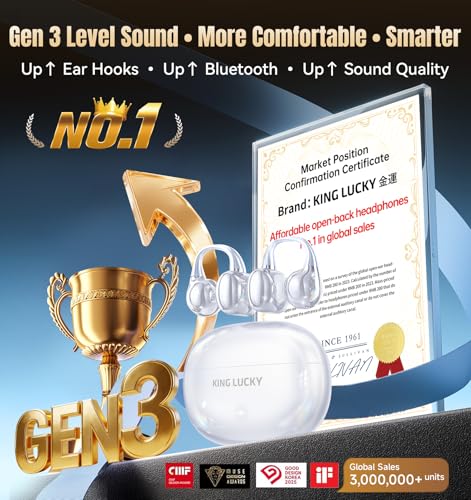 Image of King Lucky Clip on Earbuds Open Ear Wireless Bluetooth 5.4 Headphones with Mic,50H Play,Noise Cancelling,Waterproof,Sports Ear Buds,Comfortable for Small Ears & Glasses Wearers,Workouts (White)