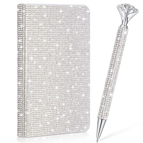 Stylos de poche à strass et carnet A6 blanc pailleté pour femme