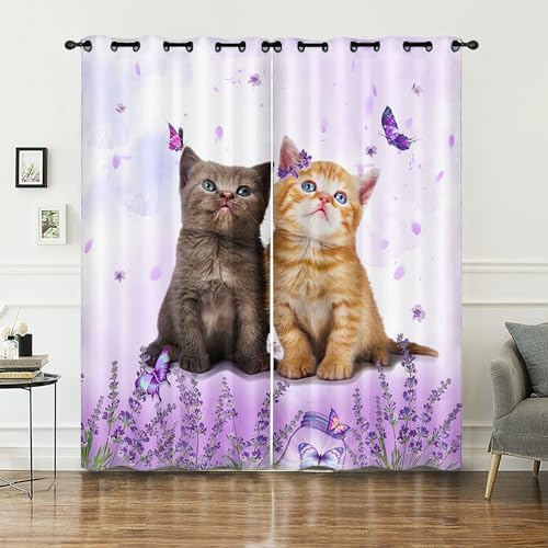 AILONEN Cartoon Cat Window Curtains Drapes, Kawaii Kittens with Purple Flower Curtain Tiers for Kids Girls Boys,Cute Pet Cat Lover Window Treatment for Bedroom, 52