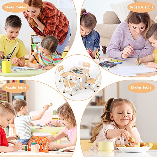 Arlopu Big Kids Study Table And 4 Chair Set, Height Adjustable Toddler Table And Chair Set For 4, Multifunctional Toddler Table, Reading, Drawing, Eating Interaction (Beige, Square Table) #TOP6