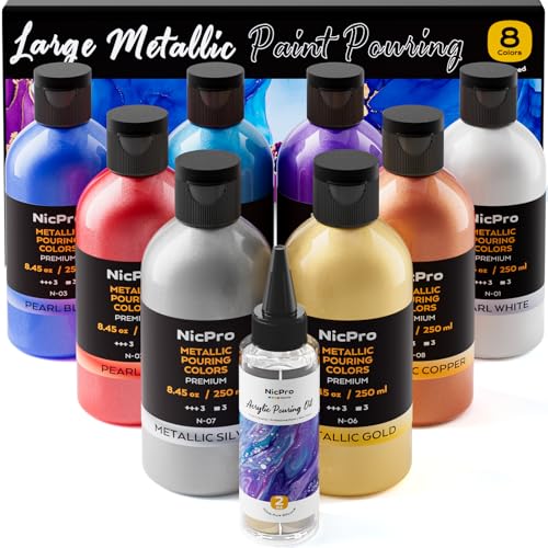 Nicpro 8 Colors 8.45oz Metallic Acrylic Pour Paint Supplies Kit, Large Volume Ready to Pour Premixed...