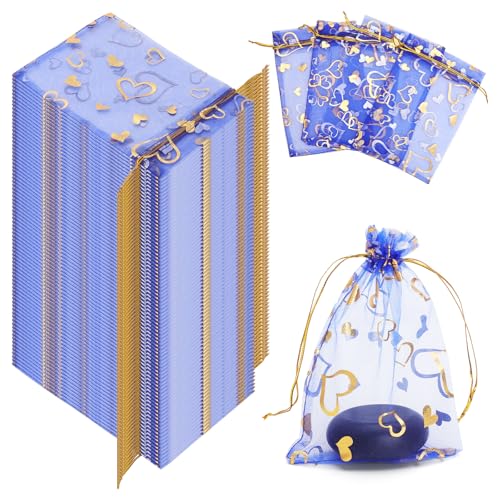 VOSSOT 100PCS Bolsas de Organza Azul Unidades 16x11cm con Diseño de Corazones, Bolsitas Bomboneras Boda Confites Caramelos, Bolsas Organza Comunión Bautizo Recuerdos, Bolsitas Regalo Joyas