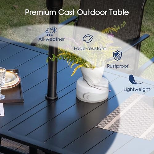 Image of VICLLAX Metal Patio Table for 6, Outdoor Dining Table with Umbrella Hole for Garden Lawn Deck Backyard, Black