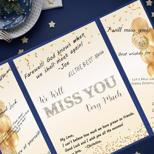 Image of DARUNAXY Blue Gold Farewell Party Decorations, We Will Miss You Very Much Alternative Signature Guest Book for Men Women Going Away Gifts Signing Card Board for Retirement Graduation Party Supplies