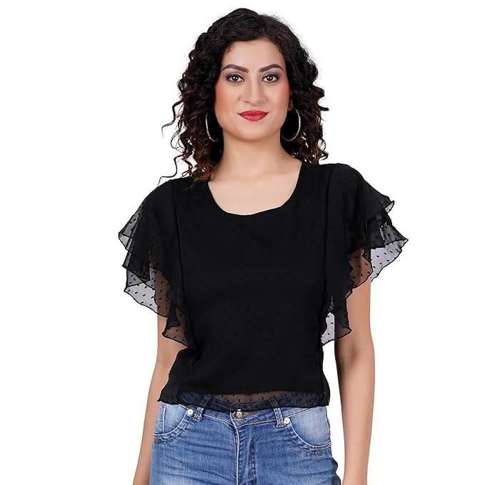 Women's Designer Stylish Boota Ruffled Sleeve Top, Casual, Round ...