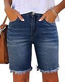 Utyful Women's Bermuda Jeans Shorts Summer Raw Hem Distressed Denim Shorts Raw Hem-Denim Blue Large