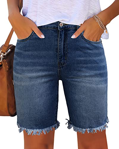 Utyful Womens Bermuda Jeans Shorts Summer Raw Hem Distressed Denim Shorts Raw Hem-Denim Blue Large