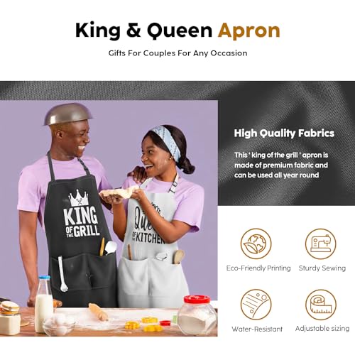 King & Queen Apron Set - Matching Couples Kitchen Aprons with Deep Pockets & Reinforced Stitching - Waterproof Professional Cooking Gear for Wedding, Engagement, Bridal Shower, Valentines, Christmas — view 2