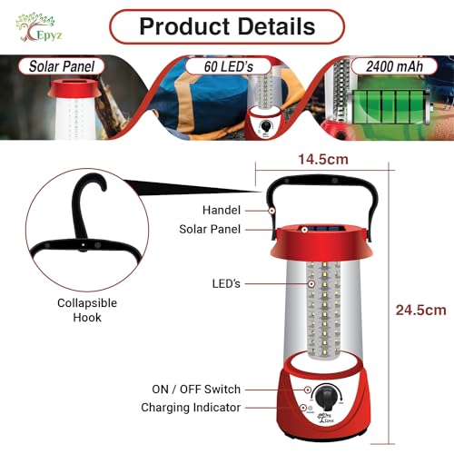 Image of Epyz Portable Solar Rechargeable Emergency Lantern with 60 LED Light | 360 Degree | 2400mAH Battery | Ideal for Hanging, Camping, Home, Indoor, Outdoor [White Light, Pack of 1]