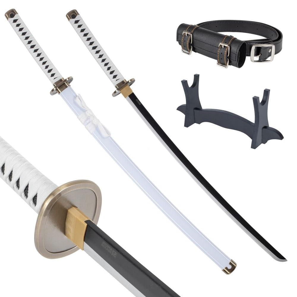 57 SPECIAL REPLICAS Zoro Katana Schwert Holz 77 cm mit Gürtel, Ständer & Scheide - Cosplay Anime Schwerter für Kostüme und LARP - Wakizashi Kurzschwert - Holzschwert aus Bambusholz (Nicht Scharf)