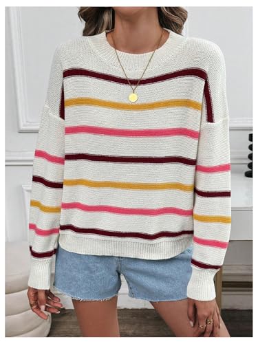SweatyRocks Women's Striped Sweater Crewneck Drop Shoulder Long Sleeve Knit Pullovers Top4