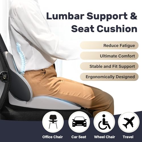 Image of Coverado Seat Cushion and Lumbar Support Pillow for Car Office Chair, Ergonomic Memory Foam Desk Chair Cushion Back Support Pillow, Sciatica & Back & Tailbone Pain Relief Cushion