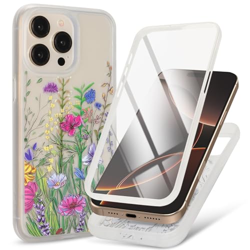 CoozCase for iPhone 15 Pro Max Case with Built-in Screen Protector Clear Soft Shockproof Slim Fit Floral 360 Full Body Protective for Apple iPhone 15 Pro Max Phone Cases for Women Girls-Pattern 1