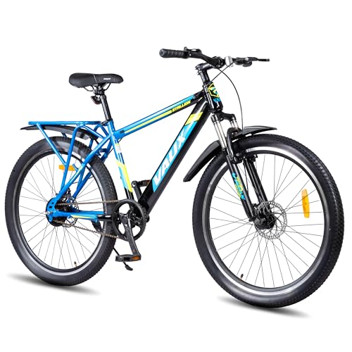 Image of Vaux Stallion-Pro Cycle for Men 26T with Integrated Carrier IBC| 17 inch Steel Frame| Dual-Tone Colors| Dual Disc Brakes| 26 X 2.4 Nylon Tyres| Front Suspension| Single Speed(Blue-Black)