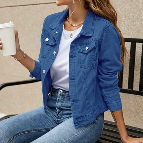 Women's Cropped Jean Jacket Long Sleeve Lapel Casual Denim Jackets with Pockets Short Y2K Single Breasted Work Jackets3