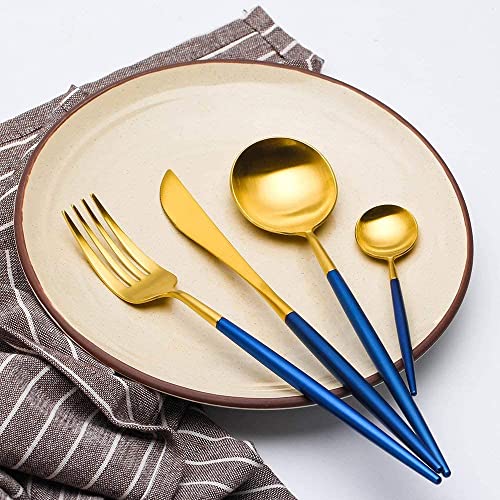 Image of aDai Premium Gold SUS304 Stainless Steel Cutlery Set - 8 Spoons, 4 Fork, 4 Steak Knife - Mirror Finish Dinnerware Flatware (Blue - Set of 16)