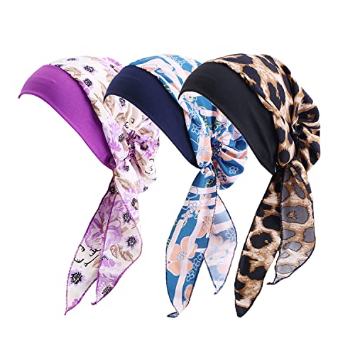 Chemo Kopfbedeckung Elastische Turbane für Frauen Langhaar Kopftuch Headwraps Krebs Druck Hut, 3 Stück, Einheitsgröße Cover