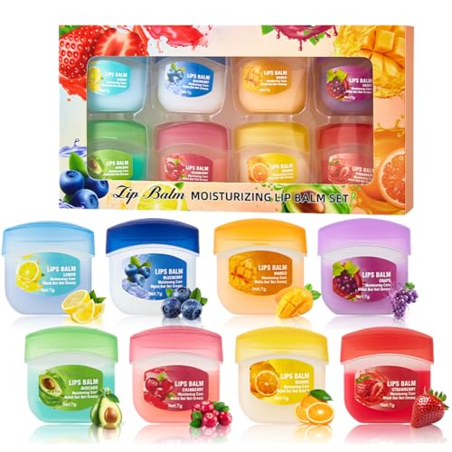 8 Stück Fruit Lippenbalsam - Lippenpflege Lip Balm - Lippenmaske Overnight - Feuchtigkeitsspendend Lipgloss Set - Lip Mask für Sehr Trockene Lippen & Lippenfältchen - Teenager Mädchen Geschenke
