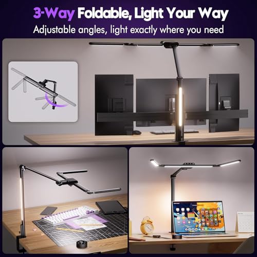 Image of Quntis 32.5 inch Architect Desk Lamps for Office Home Dorm - Eye Care 3 Light Bar 1100LM Bright, Ambient Backlight, Radar Sensor, Remote Control, 2H Timer, Workbench Drafting Reading Video Conference Task