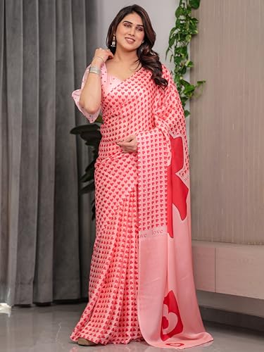 Image of ALMAARI FASHION Women's Floral Printed Georgette Satin Saree with Unstitched Blouse Piece | Traditional Ethnic Wear Sarees | Soft Lightweight Ethnic Office Wear Daily Wear Indian Sari (SG 161-170 H)