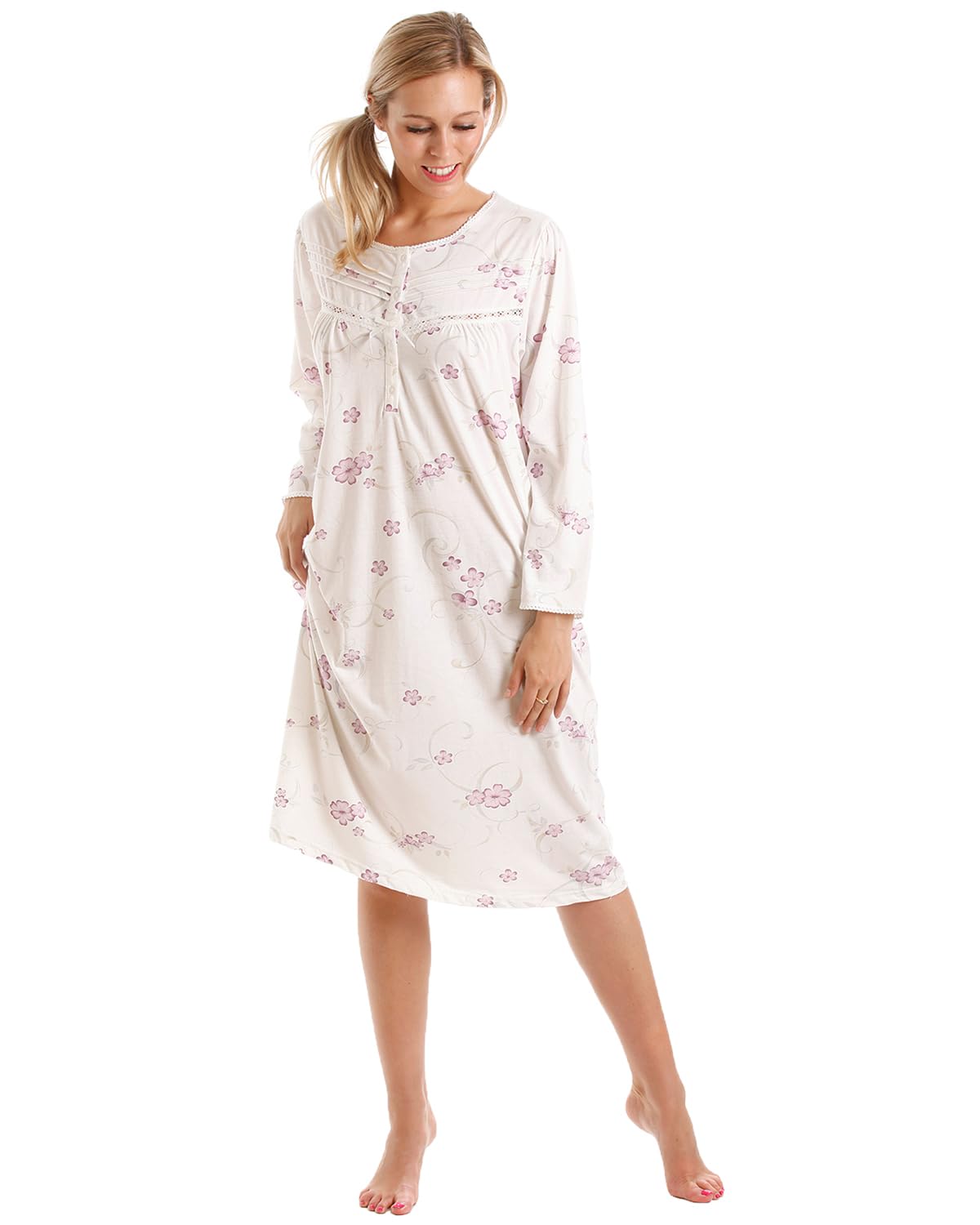 Slumber Hut Ladies 2 Pack Floral Jersey Poly Cotton Long Sleeve Nightie - Purple - 22-24