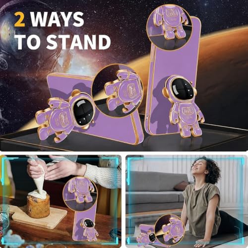 SpartanACC Astronaut Phone Case for Galaxy,TPU Girl Boy Cover with Gold Electroplated Edges,Soft Colorful Rotating Kickstand,Silicone Astro (1, Pink, Samsung A17)