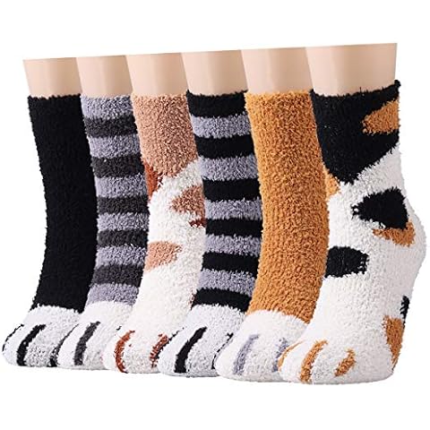 Cozy Fluffy Socks for Women - 6 Pairs Winter Warm Girls Super Soft Fuzzy Home Bed Cat Paw Pattern Socks Cover