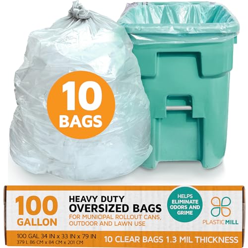 PlasticMill Heavy Duty Trash Bags - Clear Garbage Bags - Plastic Trash Bags for Large Rolling Trash Bins - Tall Trash Bags - 100-Gallon Large Kitchen Trash Bags 1.3 Mil 67x79 (10-Count)
