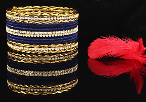 Image of NMII Gold Plated Metal Velvet Bangles Set For Women & Girls with Zircon Gemstone Studded | Traditional Women's Bangles | Designer Gold Bangles | Fashion Jewellery- Set of 28
