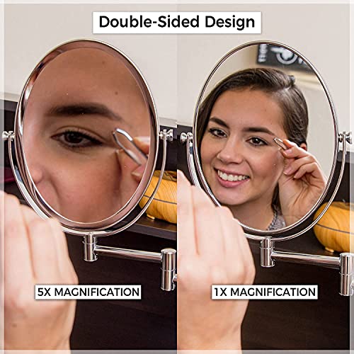 Wall Mounted Bathroom Makeup & Shaving Mirror, Double Sided 5X & 1X Magnification, 13-Inch Extension Swivel Arm, Oval 6.6" X 8.6" Glass Area, Chrome #TOP3