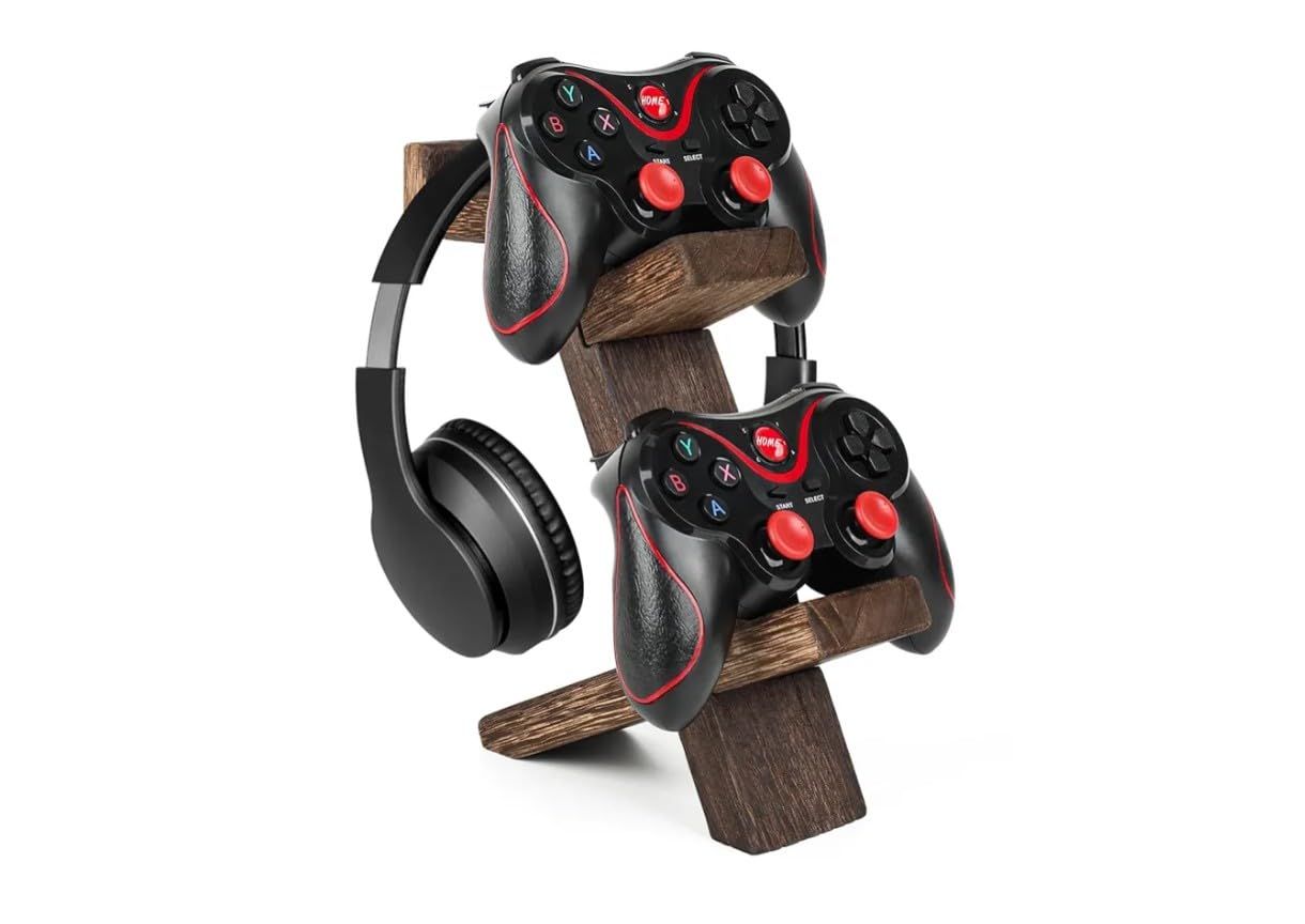 The expo crafts Gaming Controller Stand with Headphone Holder, Wooden Organizer Rack for 2 Gamepads and 1 Headset, Compatible with PS5, PS4, Xbox Series, Nintendo Switch and PC Controllers