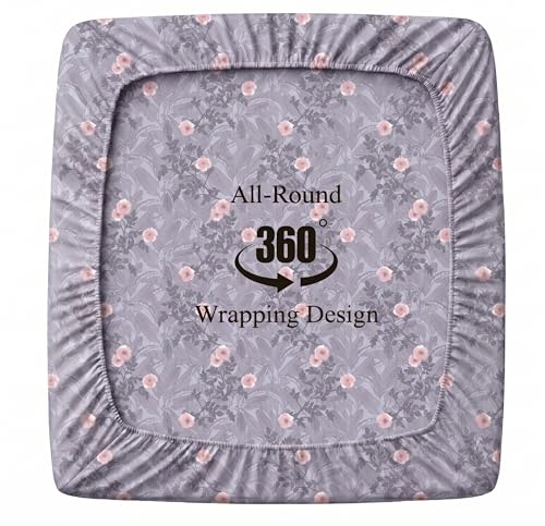 Image of HOMEKART Cotton Contrast Fitted Bedsheet for King Size Bed 72x72+10 Inch with 2 Pillow Covers 17x27 Inch | All Round Elastic | TC 144 Soft, Breathable Floral Printed Bedsheet (Lavender Mist)