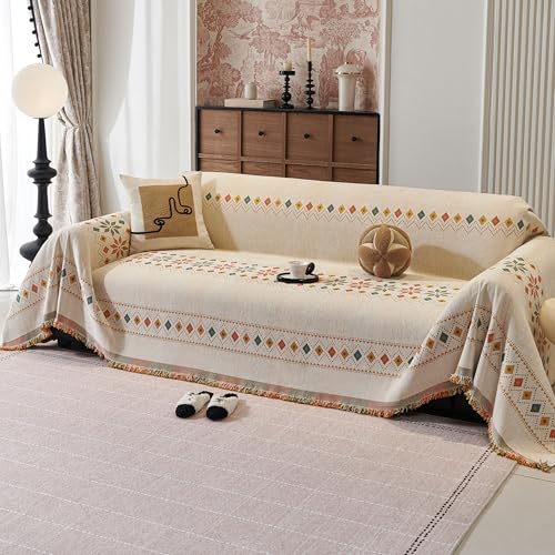 NYSMXF Boho Sofa Cover for 2 Cushion Couch – Plush Chenille Fabric,Washable, Cat ProofPet Protector for Sectional & Loveseat (Beige, Large:71