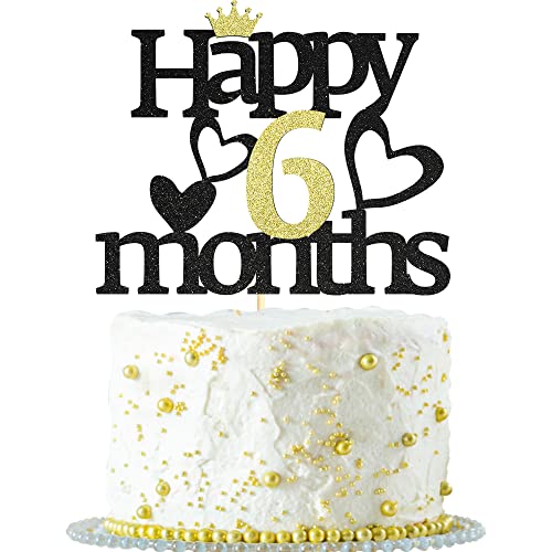 Decoración para tartas de 6 meses, purpurina negra y dorada para cumpleaños de niño y niña, baby shower, decoración de pastel de aniversario de medio año